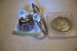 1888 O Morgan Dollar & Masonic Ring & Vintage Wittnauer Ladies Watch