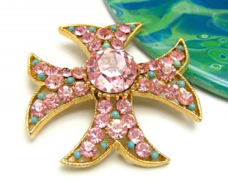 Gorgeous Vintage Bsk Maltese Cross Brooch Pink Rhinestones Lucite Turquoise Bead