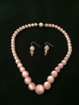 Vintage Pink Moonglow Lucite Bead Necklace And Earrings