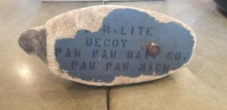 Vintage Paw Paw Bait Company Wooden Duck Decoy
