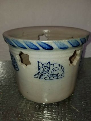Vintage Eldreth Pottery Blue Salt Glaze Crock With Cats,  Star Cutouts 1996