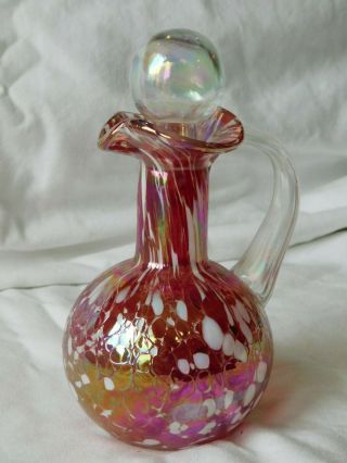 Vintage Rainbow Crackle Cranberry Glass Cruet With Rainbow Color Bubble Stopper