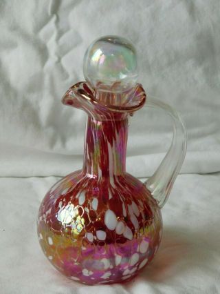 Vintage Rainbow Crackle Cranberry Glass Cruet with Rainbow Color Bubble Stopper 2