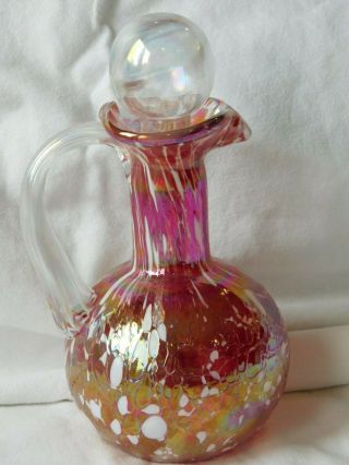 Vintage Rainbow Crackle Cranberry Glass Cruet with Rainbow Color Bubble Stopper 5