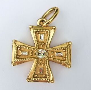 Large Lovely Vintage Gold Tone Maltese Cross With Rhinestones Pendant