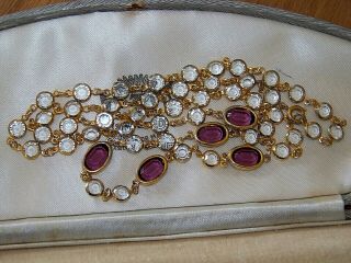 Vintage Jewellery Long Bezel Set Crystal & Amethyst Glass Gold Art Deco Necklace