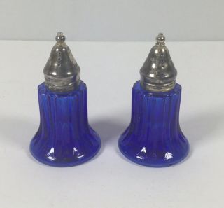 Vintage Cobalt Blue Glass & Silver - Plate Overlay Salt Pepper & Shaker Set