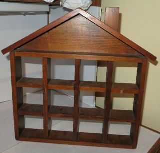 Vtg House Shaped 13 Shelf Wood Wall Display Shelf Shadow Box Knick Knack Storage