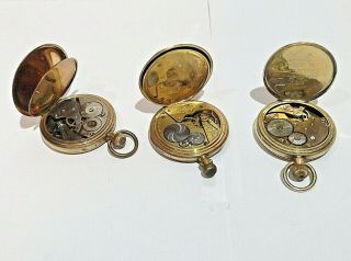 3 Vintage pocket watches,  Elgin,  Waltham,  The Panama,  all gold plated for spares 3