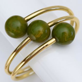 Vtg 1950’s Creamed Spinache Green Bakelite Bead Goldtone Bangle Bracelet