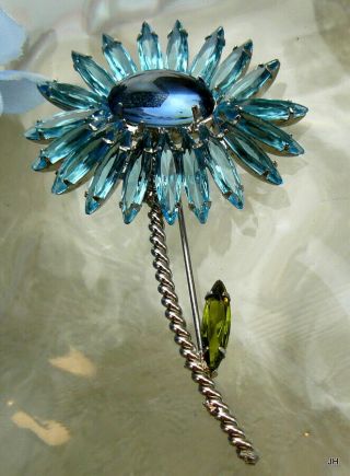 High End Vintage Aqua Sapphire Blue Glass Cabochon Navette Flower Pin Brooch