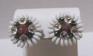 Lovely Vintage White Milk Glass Green Pink Clear Crystals Floral Clip Earrings