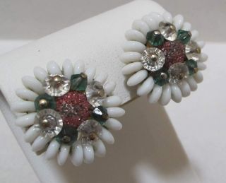 Lovely Vintage White Milk Glass Green Pink Clear Crystals Floral Clip Earrings 2