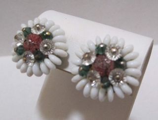 Lovely Vintage White Milk Glass Green Pink Clear Crystals Floral Clip Earrings 3
