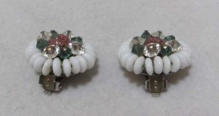 Lovely Vintage White Milk Glass Green Pink Clear Crystals Floral Clip Earrings 4