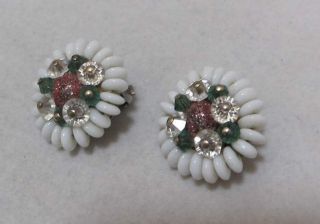 Lovely Vintage White Milk Glass Green Pink Clear Crystals Floral Clip Earrings 5