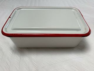 Vintage Red White Enamel Ware Refrigerator Dish Box With Lid Top