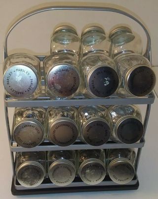 Vintage Revolving Metal Herbs Spices Spice Rack With 23 3.  5 Oz Glass Containers