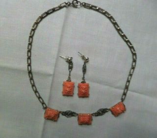 Vtg Art Deco Celluloid " Coral " Necklace And Earrings - Sterling Posts