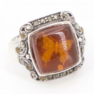 Vtg Sterling Silver - Marcasite & Carved Baltic Amber Butterfly Ring Size 7 - 6g