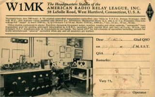 W1mk West Hartford,  Ct Arrl Headquarters 1931 Vintage Ham Radio Qsl Card