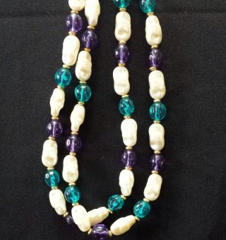Vintage Signed Trifari Faux Baroque Pearl Teal Blue Purple Bead Necklace 29 "