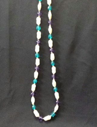 Vintage Signed Trifari Faux Baroque Pearl Teal Blue Purple Bead Necklace 29 