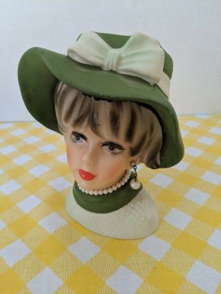 Vintage Napco Ware Ladies Head Vase C7494 Green Hat.  Pearl Necklace