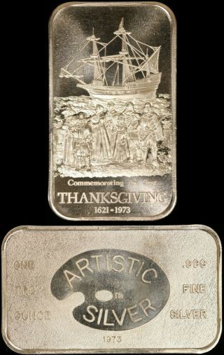 1973 1oz.  999 Silver Vintage Art Bar - First Thanksgiving - Artistic Silver