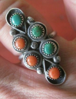 Old Pawn Vintage Zuni Native Turquoise Coral Sterling Silver Ring Size 7