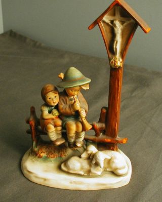 Vintage Hummel Boy Playing Horn,  Girl,  2 Lambs & Cross W/ Jesus - 7 1/2 " H - Dh