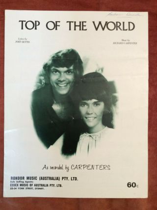 Vintage Piano Sheet Music " Top Of The World " By The Carpenters 1972