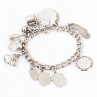 Vtg Sterling Silver - Silhouette Heart Travel Charm 6.  5 " Chain Bracelet - 28.  5g
