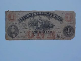 Civil War Confederate 1862 1 Dollar Bill Virginia Treasury Paper Money Note Vtg