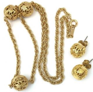 Vintage Demi Parure Jewelry Set Necklace Earrings Filigree Metal Bead Accents