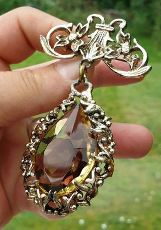Stunning Vintage Art Deco Jewellery Citrine Amethyst Crystal Dropper Brooch Pin