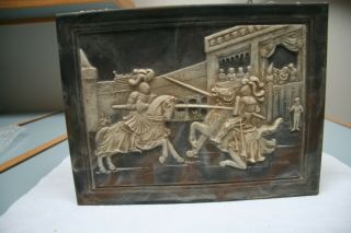 Vintage Incolay Carved Stone Jewelry Box - Medieval Jousters Motif