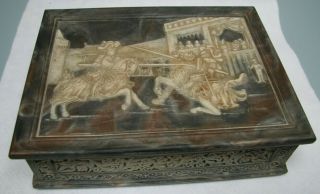 VINTAGE INCOLAY CARVED STONE JEWELRY BOX - MEDIEVAL JOUSTERS MOTIF 2