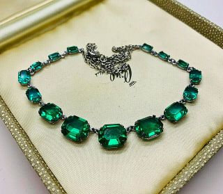 Vintage Jewellery Art Deco Bezel Set Emerald Green Rhinestone Necklace