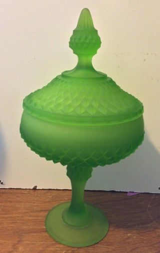 Vintage Indiana Glass Frosted Green Diamond Point Pedestal Candy Dish W/ Lid