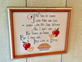 Vintage Finished Completed Cross Stitch Framed Help W/ Dishes Kitchen