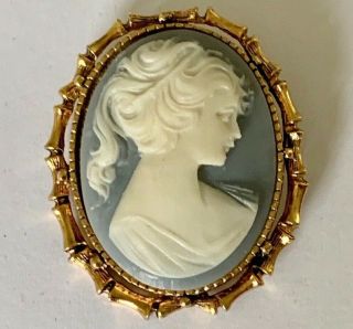 Vintage Gold Tone Blue Gray Shell Lady Cameo Brooch Pin Jewelry