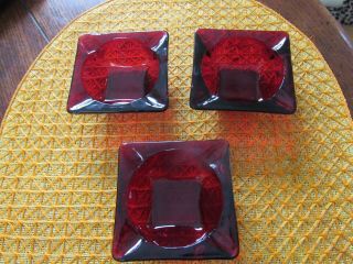 3 Vintage Anchor Hocking Ruby Red Glass Ashtray Square 3 3/8 ",  Bonus Dish