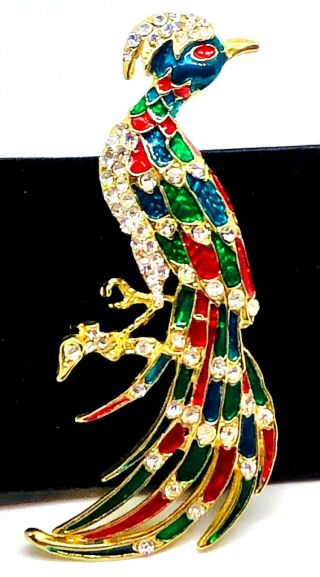Vintage Exotic Bird Of Paradise Gold Tone Brooch With Red & Green Rhinestones