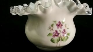 Vintage Fenton Milk Glass Hand Painted Floral Coin Handled Basket. 2