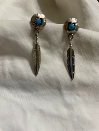 Vintage Native American Sterling Silver Turquoise Shadow Box Feather Earrings
