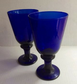 Set of 2 Heavy Vintage Cobalt Blue Glass Goblet Fruit Water Cups 7” Tall 3
