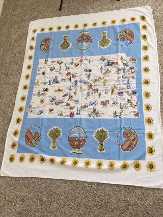 Vintage Mid Century Tourist Souvenir Tablecloth State Of Kansas 41” X 51”