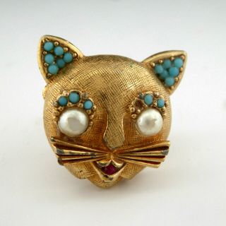 VINTAGE 60 ' S CINER CAT TURQUOISE RHINESTONE GOLD PLATED FIGURAL PIN BROOCH 3