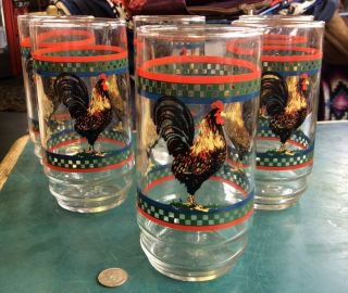 6 Vintage Unbranded Awesome Rooster Glass 18oz Tumblers